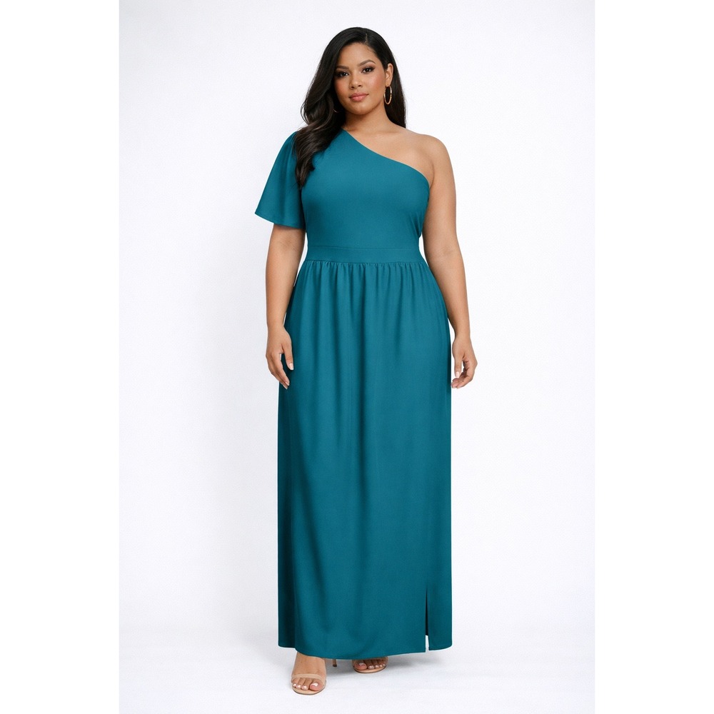 Teal One Shoulder Maxi Dress‎ Flowy Sleeve Side Slit Elegant Plus Size L